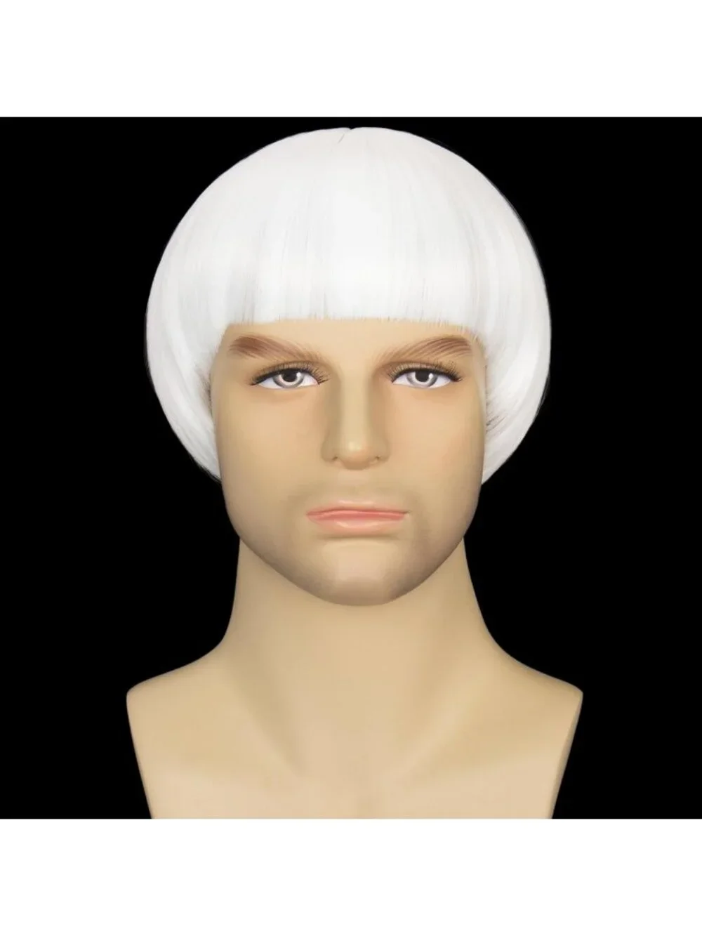 Men's White Retro Bowl Cut Straight Synthetic Mushroom Hairpiece Bangs Wig